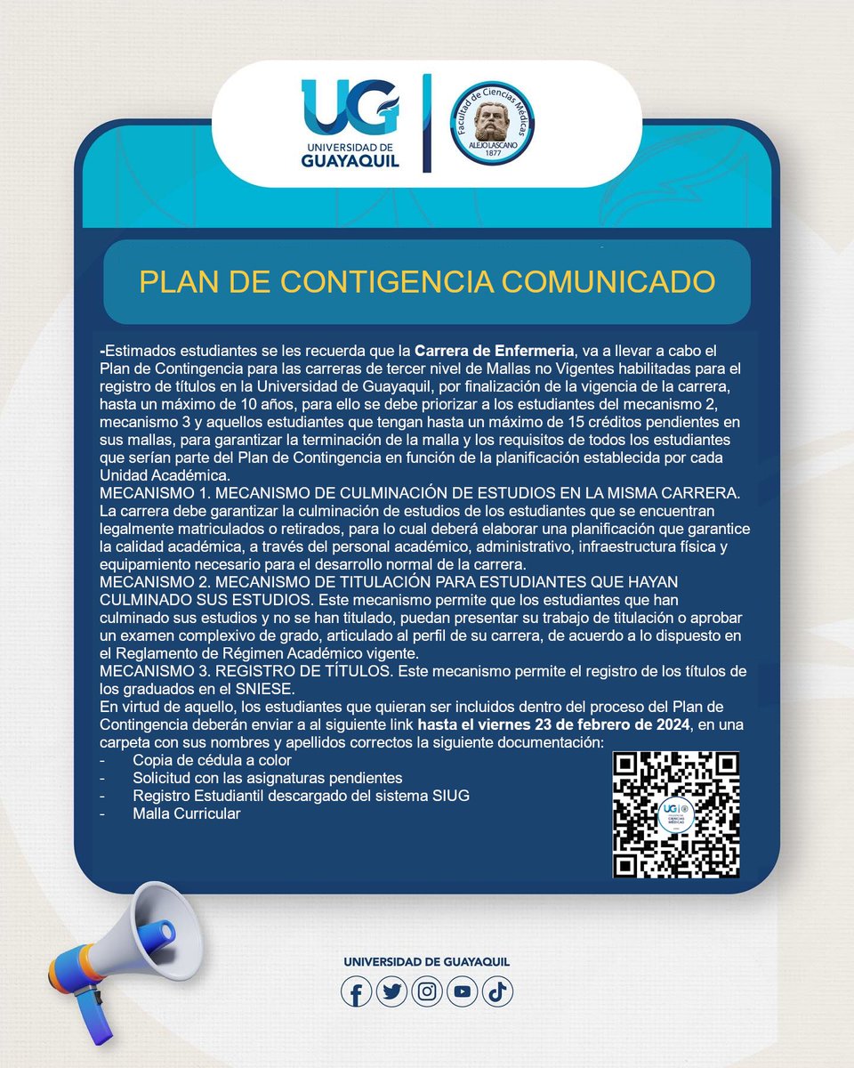 #FCMteinforma
Instagram: <a href="/ugfcm/">Facultad de Ciencias Médicas Oficial</a>
Facebook: @ugfcmo

PLAN DE CONTINGENCIA PARA MALLAS NO VIGENTES CARRERA DE ENFERMERÍA 

Presione el siguiente enlace para envío de documentos para agregar los al proceso:
forms.office.com/r/j0EuajPe4N

Nota: Hasta el viernes 23 de Febrero del 2024