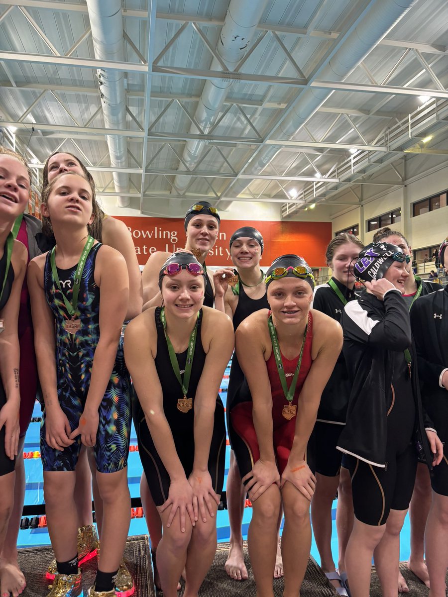 OHHSwimming's tweet photo. The Girls 400 Freestyle Relay Team of Skyler Turner, Olivia Cherry, Paige Krupp, and Alyse Sorg finish 3rd! 💪🚀 https://t.co/vtwTfDy2Di