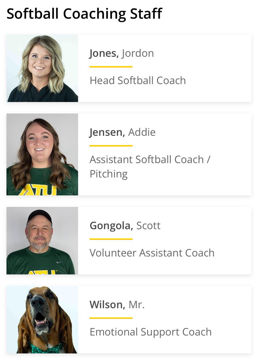 Shoutout Arkansas Tech Softball for having a dog listed as a coach