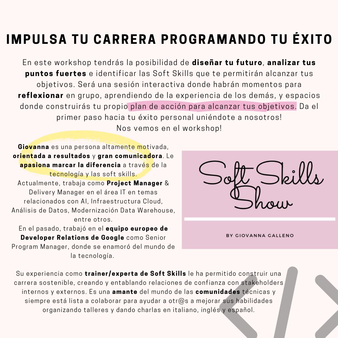 GDSCupm's tweet photo. Impulsa tu carrera programando tu éxito con @GallenoGiovanna 

Diseña tu futuro, analiza tus puntos fuertes e identificar las Soft Skills que te permitirán alcanzar tus objetivos.

📅 22 de febrero en la ETSIT UPM

Más información en https://t.co/JfvVJMqJZK https://t.co/jLzEeHLzeR