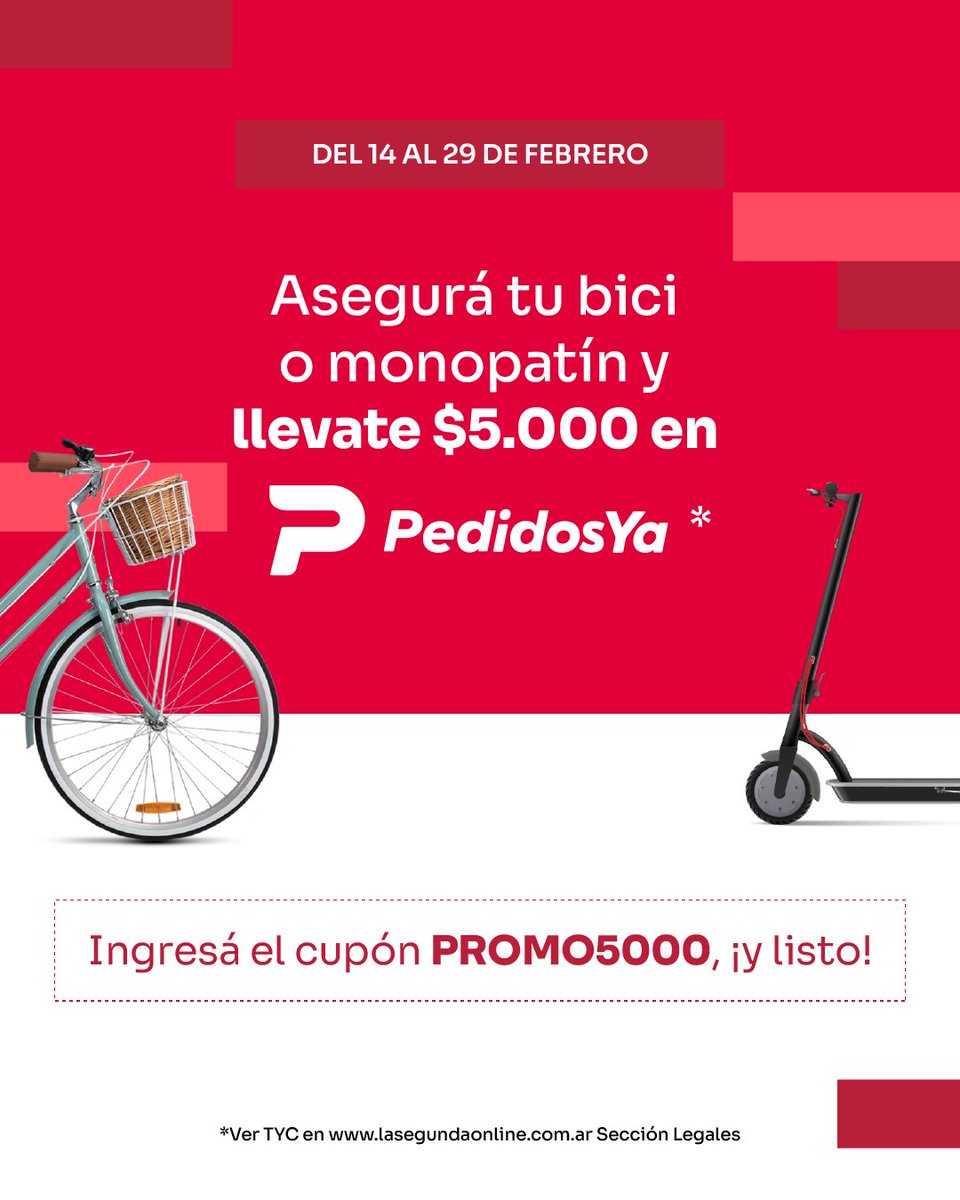 L2_LaSegunda's tweet photo. ¡Te protegemos y te damos los gustos! 🙌
✨ Durante febrero, asegurando tu bici o tu monopatín eléctrico en La Segunda Online, te regalamos $5.000 en Pedidos Ya para que te pidas un antojo y no tengas que cocinar😌
¡Aprovechalo! 📲 https://t.co/M1VqLp3l0R
#L2Recompensa #Seguros #Bici #Monopatin #Promo #Beneficios #PedidosYa