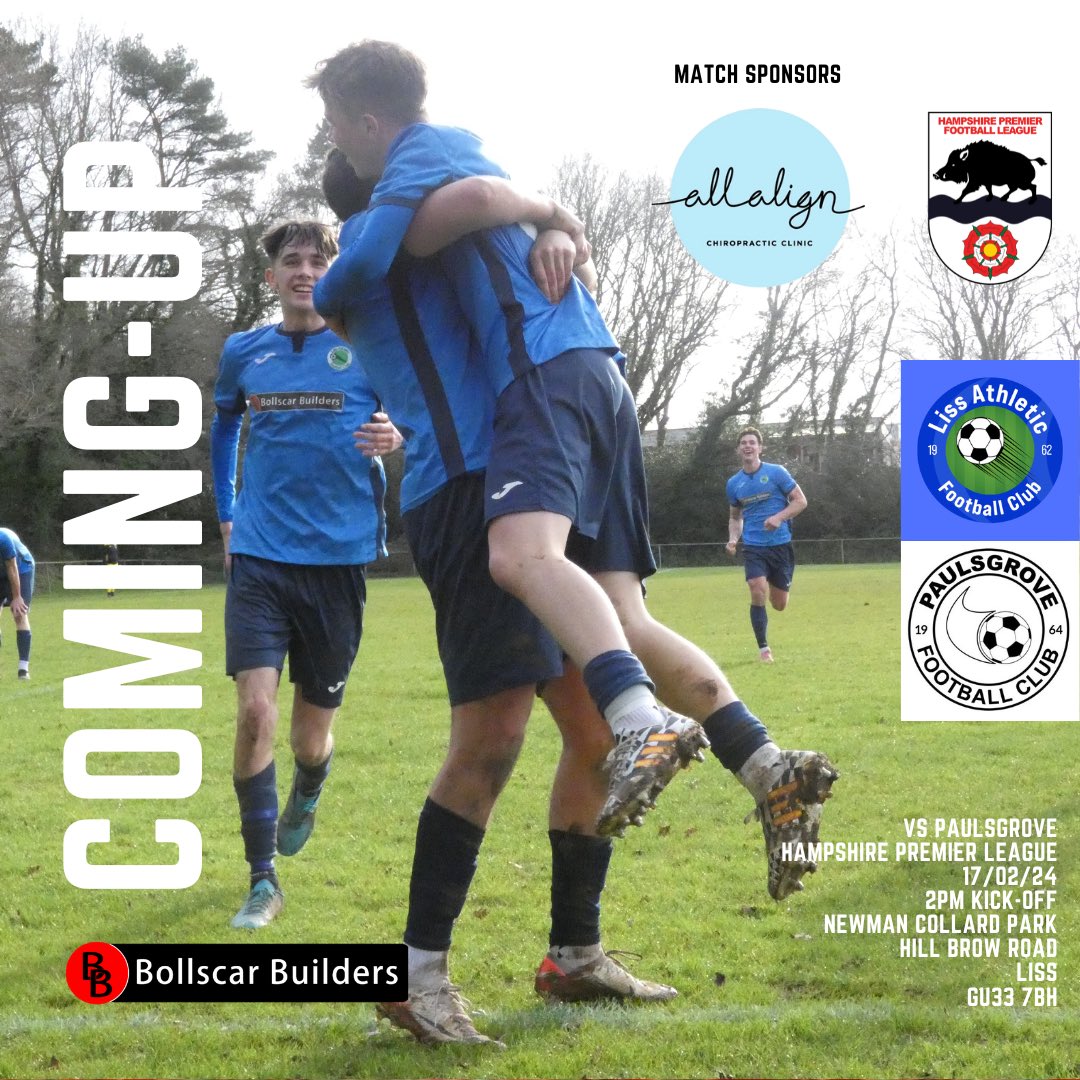 🔜 𝗨𝗣 𝗡𝗘𝗫𝗧…| We welcome an in-form @PaulsgroveFC to Newman Collard tomorrow in the @HantsLeague (2pm) 🍻 Bar and snacks available 🤝 Our thanks to match sponsors, All Align - allalign.co.uk 🗣️ Your support always appreciated 🔵💪