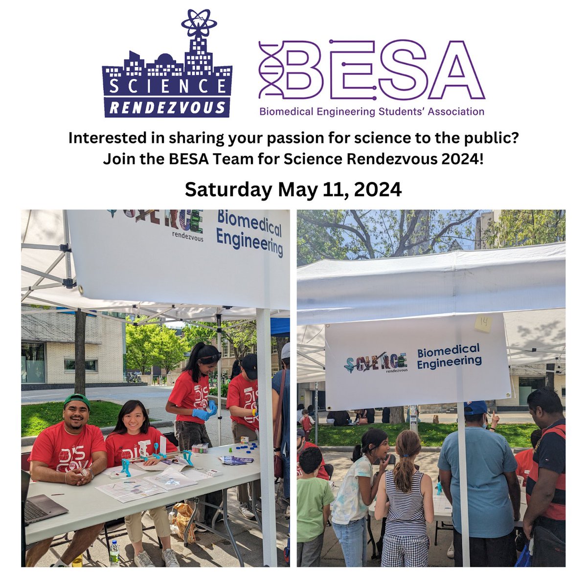 Interested in contributing to BESA community outreach?  Over the course of the next few months, BESA Community Outreach  will be working on preparing the Science Rendezvous Fair on May 11th 2024.
Check out the website: sciencerendezvous.ca
Sign up: forms.office.com/r/9HXsDz8XxY