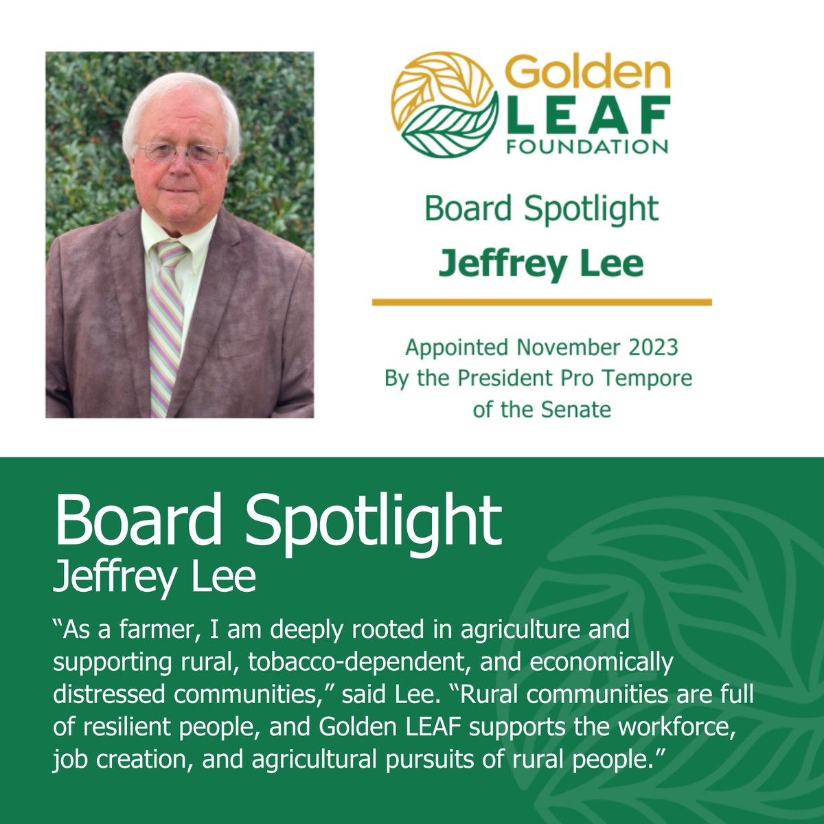Meet Golden LEAF Board member Jeffrey Lee. 'Golden LEAF does tremendous work to help build rural NC. The Board, though diverse in background, comes together and really focuses on the mission in every decision they make.' goldenleaf.org/news/golden-le…