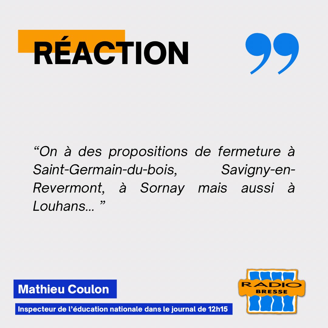 rbresse's tweet photo. 🎓 Propositions de fermetures de classes en Bresse.

📻 Le point sur la situation avec Mathieu Coulon, inspecteur de l’éducation nationale à retrouver dans l’interview du jour sur notre site internet https://t.co/HJhgfq1FVI https://t.co/bkutNDa3PU