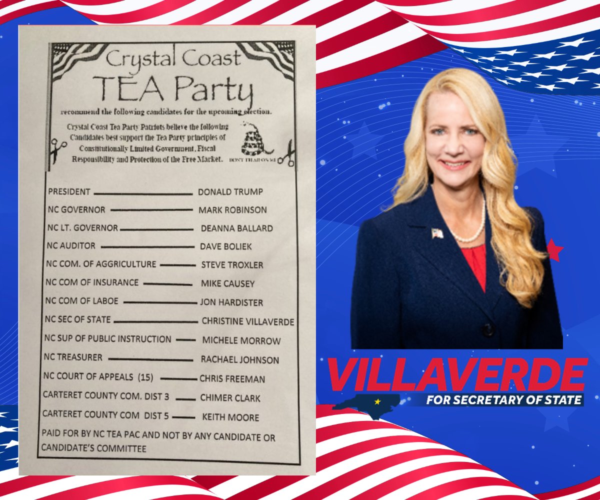 I am honored to be endorsed by the Crystal Coast Tea Party. 

I support smaller government, lower taxes, and more personal responsibility. 

I will always fight against govt overreach and embrace American freedoms, liberty, and exceptionalism. #ncpol #ncgov #SecretaryofState