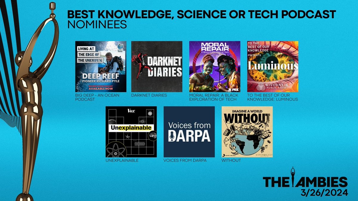 Here are the Nominees for Best Knowledge, Science or Tech Podcast. #TheAmbies #podcast #awards @buzzsprout @MoralRepair @TTBOOK @ApplePodcasts @Spotify @blubrry @prx