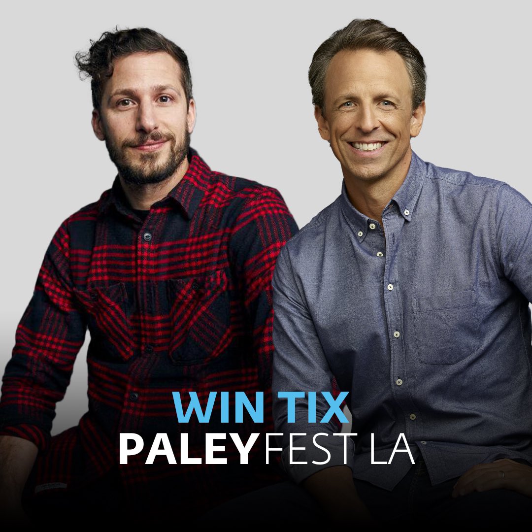 paleycenter's tweet photo. WIN TIX GIVEAWAY: TRIVIA EDITION: PaleyFest LA tickets!
 Andy Samberg Hosts Seth Meyers in Conversation for the Special PaleyFest Event! @LateNightSeth 
 
Click the link to enter on Instagram now! 
 
https://t.co/OsBGAVR4O1

#giveawayalert #giveaway #PFLA #PaledtFestLA https://t.co/Amarhoxzen