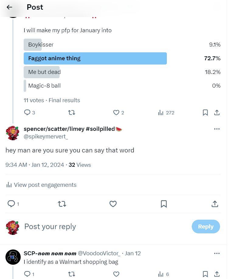 // f slur 
.
.
.
.
hey guys can you unfollow @/voodoovictor_ 6 of you follow  . he's transphobic and homophobic and has followed end wokeness accounts and stuff and been transphobic to my friends ill try show more screenshsots if i can. im sure ive made one of these before