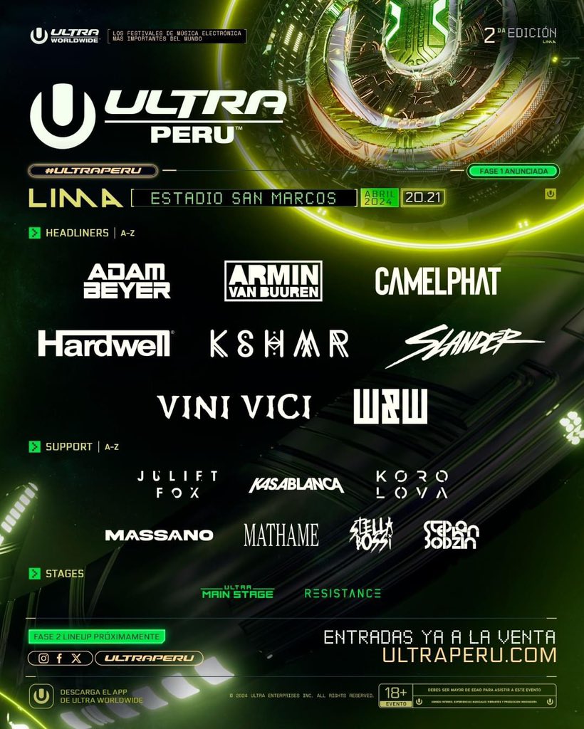 VastionGroup's tweet photo. ¡La espera terminó! 🇵🇪
Te presentamos la fase 1 de artistas confirmados para ULTRA PERÚ 2024. 🤩
⚠️ Aprovecha los últimos días de venta a precio actual.
🏷 Entradas disponibles en https://t.co/KBNfGYbVLN
#ultraperu #ultraworldwide #ultra https://t.co/5sN0NrqlLC