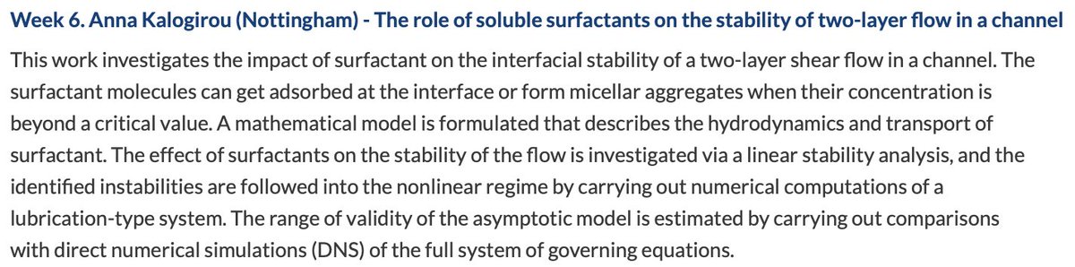 Warwick Mathematics Institute Research (@wmi_research) on Twitter photo 🗣️ Today's Applied Maths seminar was by <a href="/anna_kalog9/">Dr Anna Kalogirou</a> (<a href="/UoNMaths/">Nottingham Maths</a>) on "The role of soluble surfactants on the stability of two-layer flow in a channel"
🔗Anna's webpage: nottingham.ac.uk/mathematics/pe…
🔗 Applied Maths seminar: warwick.ac.uk/fac/sci/maths/…
Talk abstract👇 🗣️ Today's Applied Maths seminar was by <a href="/anna_kalog9/">Dr Anna Kalogirou</a> (<a href="/UoNMaths/">Nottingham Maths</a>) on "The role of soluble surfactants on the stability of two-layer flow in a channel"
🔗Anna's webpage: nottingham.ac.uk/mathematics/pe…
🔗 Applied Maths seminar: warwick.ac.uk/fac/sci/maths/…
Talk abstract👇