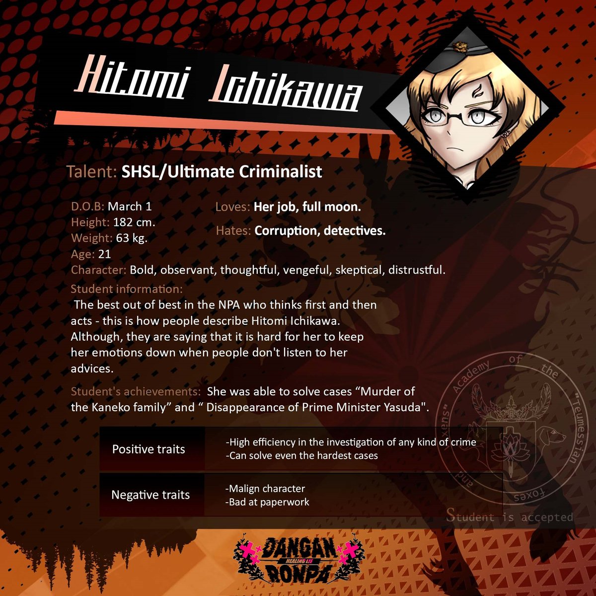 HealingLie's tweet photo. Protagonist Hitomi Ichikawa - SHSL Criminalist (F)

#Danganronpa_Healing_Lie #fanganronpa https://t.co/hJAIB9Ulsb