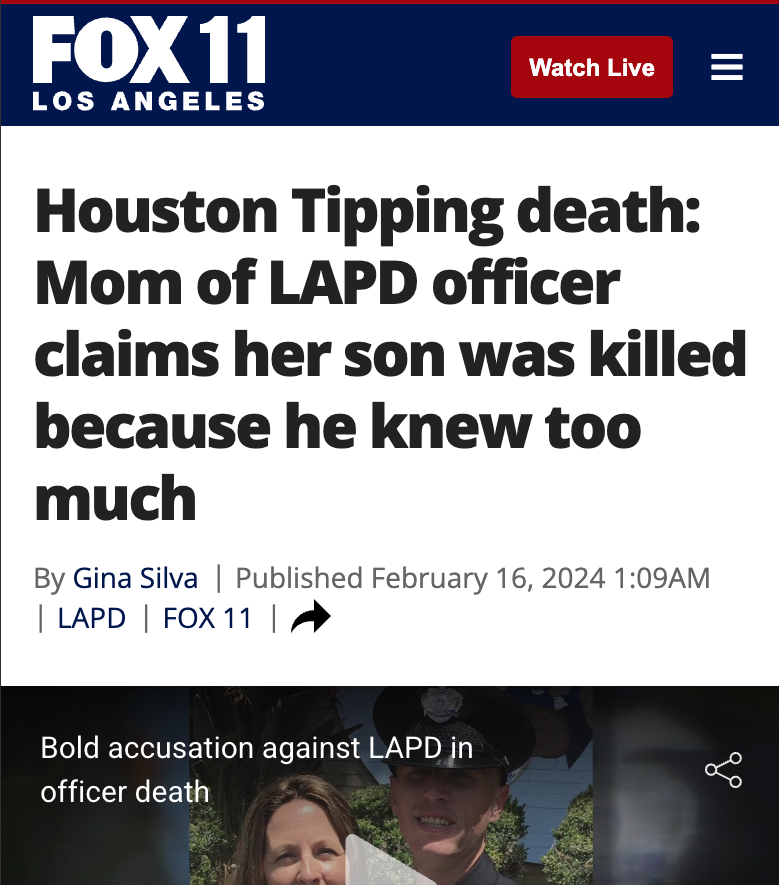 PplsCityCouncil's tweet photo. There's so many scandals within LAPD but the city has been trying to cover this one up:

Houston Tipping was investigating rape allegations within LAPD. Then he was "jumped" during a "training exercise" and subsequently died. His mother says it's because he knew too mcuh https://t.co/v9FATIJpJn