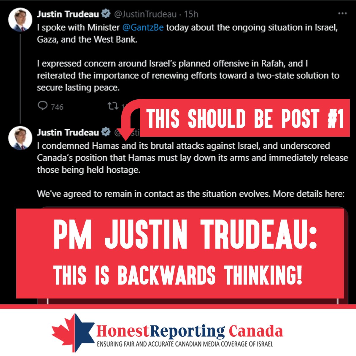 HonestRepCanada's tweet photo. The order of these posts says a lot.
@JustinTrudeau, why is the condemnation of Hamas secondary? Were they not the ones who initiated this conflict? Were they not the ones that murdered 1,200+ innocent ppl? Were they not the ones that kidnapped 240+ into Gaza? #backwardthinking https://t.co/pFm6hWUAt2