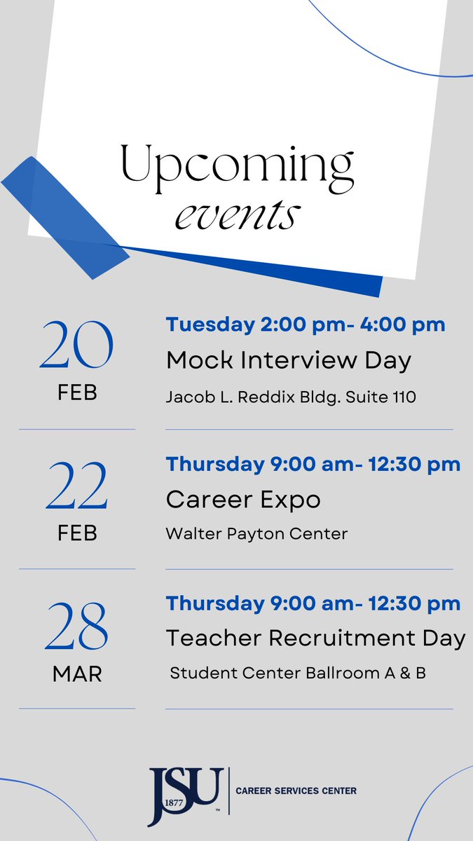 Calling all JSU Students! Join us for our upcoming events and unlock new career opportunities with the Career Services Center. See you there! #jsu24 #jsu25 #jsu26 #jsu27