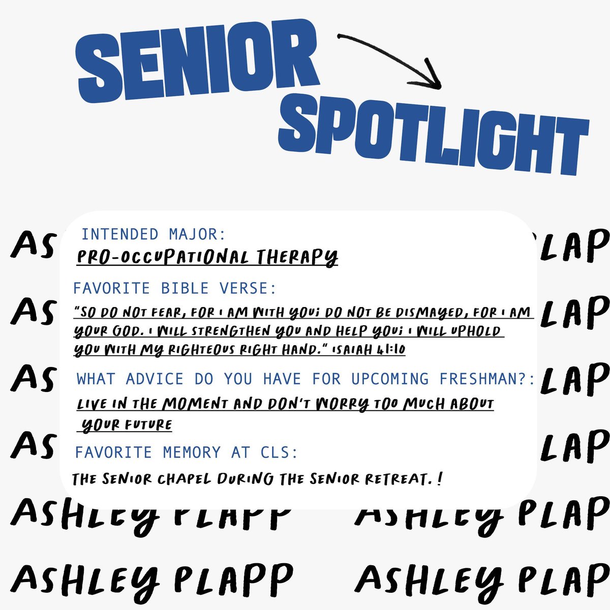 Ashley Plapp is a humorous and positive person known for excelling in softball and earning a collegiate scholarship. She enjoys storytelling and spending time with friends. Ashley is determined and skilled on the softball field, making a lasting impact.