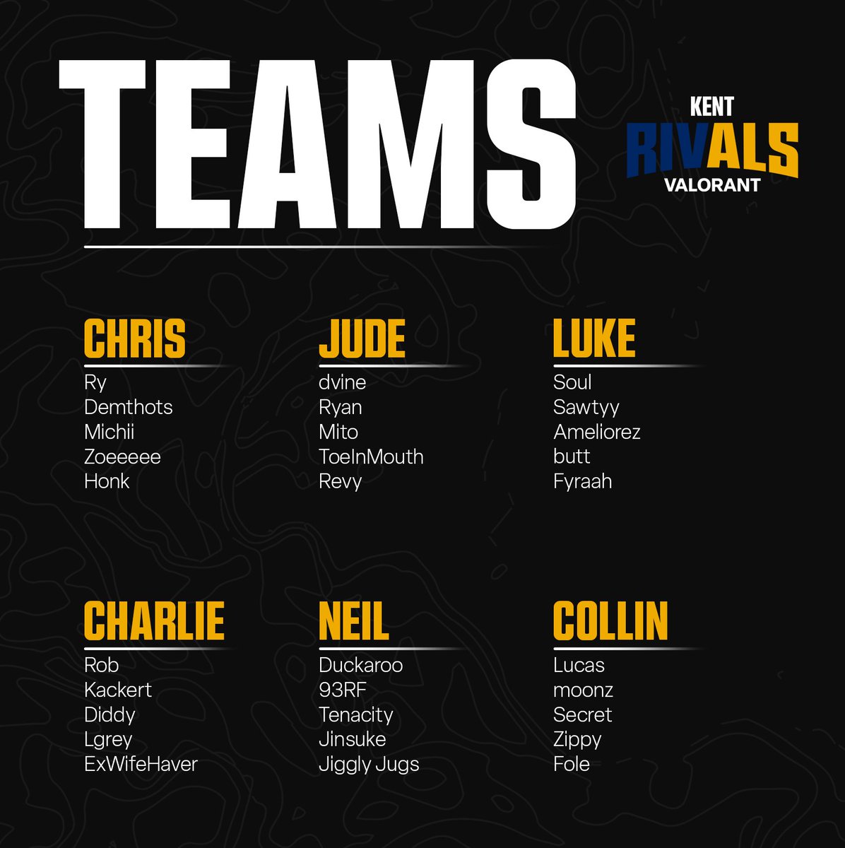 EsportsKSU's tweet photo. Good afternoon gamers! 👋

Here are the teams for our upcoming Kent Rivals Valorant tournament! Important times and information coming soon! https://t.co/uX1gTpdV0X