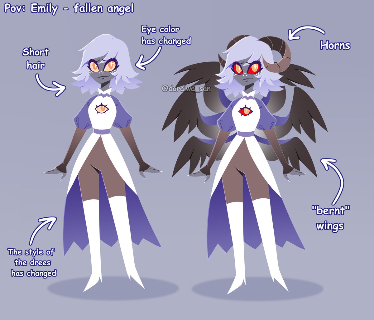 AU Emily is a fallen angel. Some of my headcanons about her “fall”:
- After her “fall,” Emily could not come to her senses for a long time. But after a conversation with Lucifer, she firmly decided to help Charlie with the hotel.
 1/2
#HazbinHotel #HazbinHotelEmily