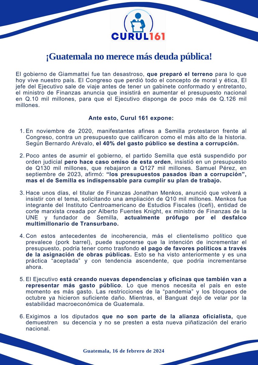 #Curul161 Informa a la comunidad pública

#Nomásdeudapública #CongresoGuatemala #PresupuestoNacional