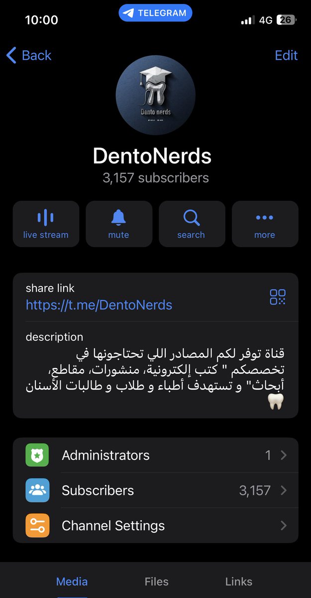 لكل اطباء الأسنان والطلاب 📣🦷

أطلقت هذي القناة من من فترة طويلة  بمبدأ مشاركة المعلومة والمعرفة والمشتركين فيها بلغوا أكثر من ٣ آلاف مشترك. 

راح أفعلها أكثر الفترة المُقبلة والجميع مُرحب فيه 🙏🏻🤍

t.me/DentoNerds