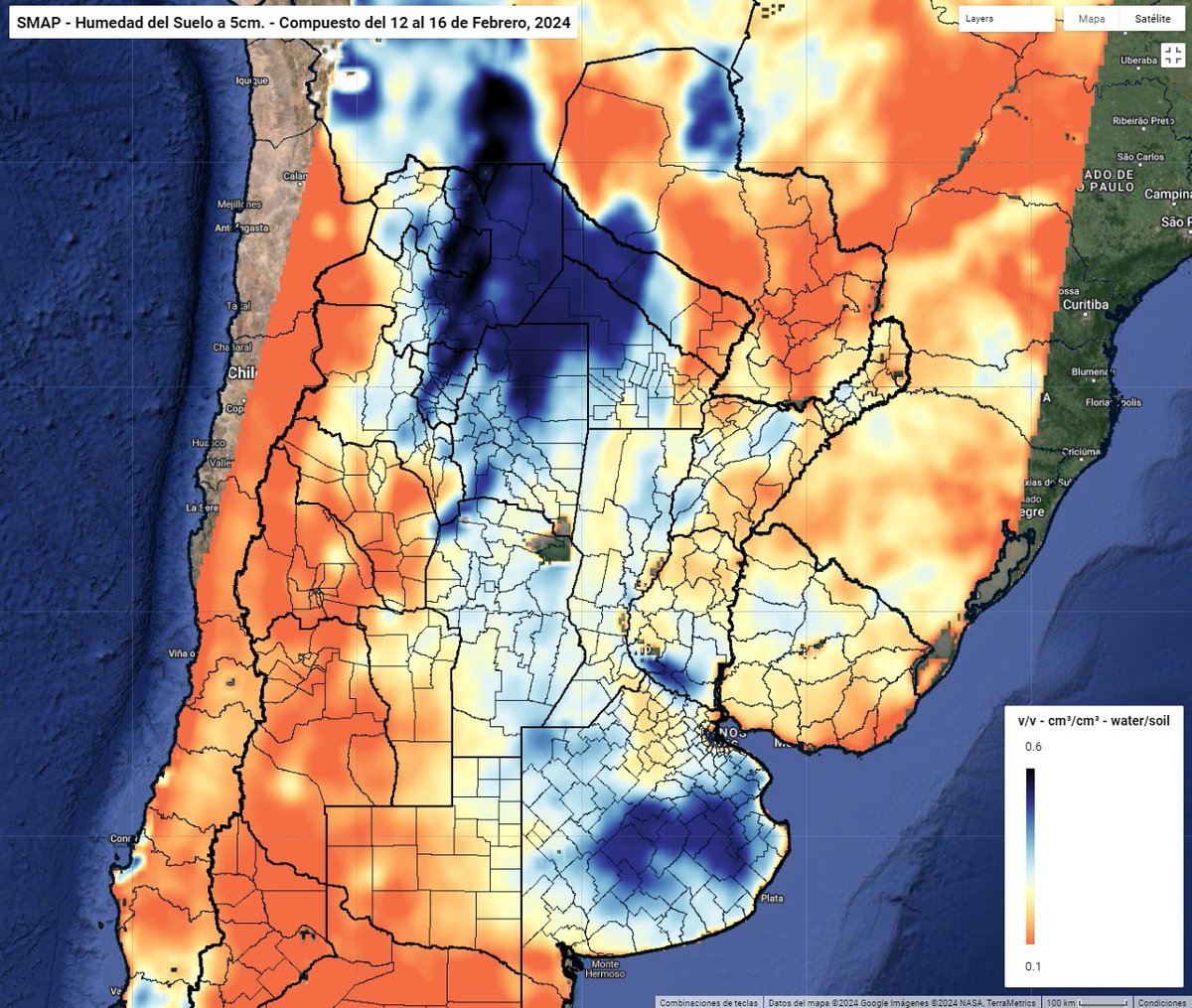 eduardo_rollero's tweet image. Humedad media de la capa superficial del suelo del 12 al 16 de Febrero 2024, Soil Moisture Active/Passive #SMAP #NASA en #GoogleEarthEngine #GEE