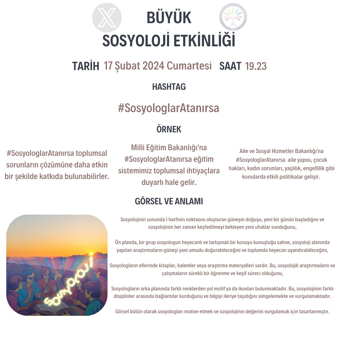 Sosyolog arkadaşlar, yarın hepinizi dayanışmaya bekliyoruz. Denemediğiniz şeylerin umutsuzu olmayın. Bir sosyolog için umut da görgül olmalı:) yani umuda dokunabilmeliyiz. Bunu sosyologlardan öğrendik.