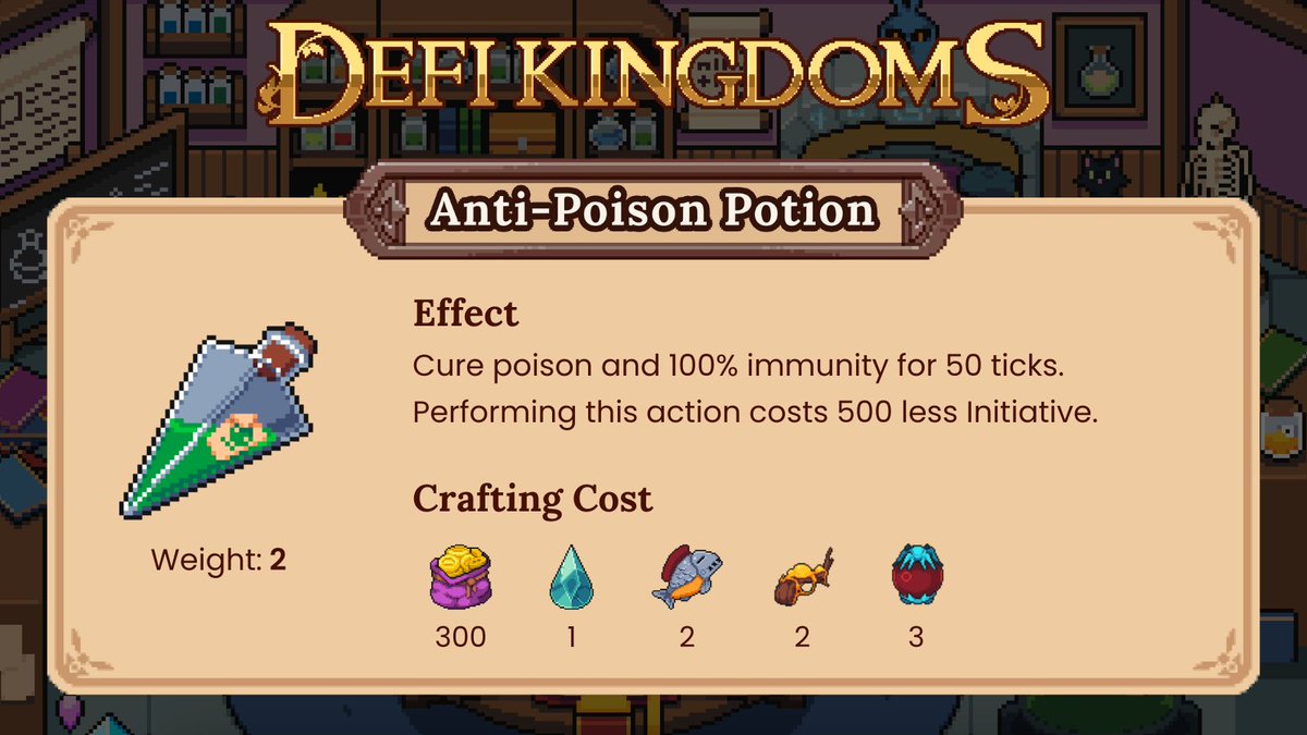 DeFiKingdoms's tweet image. Potion Preparedness Part 1:
The Anti-Poison Potion!
Curing and temporarily preventing poison, this potion helps to stop damage over time. Check out the weight and crafting costs below.
Like, tag 3 friends, and retweet this tweet and 5 winners will receive 10 Anti-Poison Potions!…