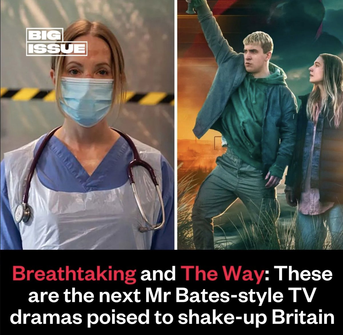 'Watch out Rishi Sunak, television drama is in revolt.' Thanks so much @adey70 for this fantastic piece in this week's @BigIssue about BREATHTAKING and THE WAY. Stories matter. The truth matters. BREATHTAKING starts 9pm Monday on ITV #NHS 💙 bigissue.com/culture/tv/tv-…