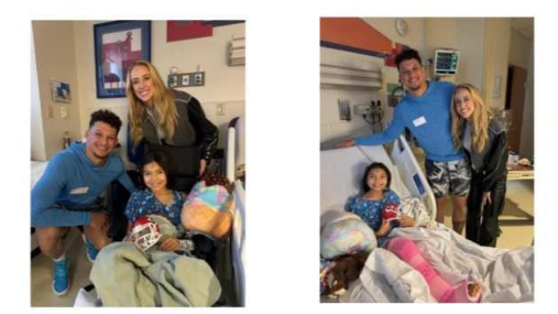 Patrick and Brittany Mahomes visit with children recovering in hospital after Wednesday's rally shooting. They Reyes Family shared these photos of their 8 and 10-year-old daughters with the Mahomes'. Both girls were shot in the legs, underwent surgery and are currently in casts.