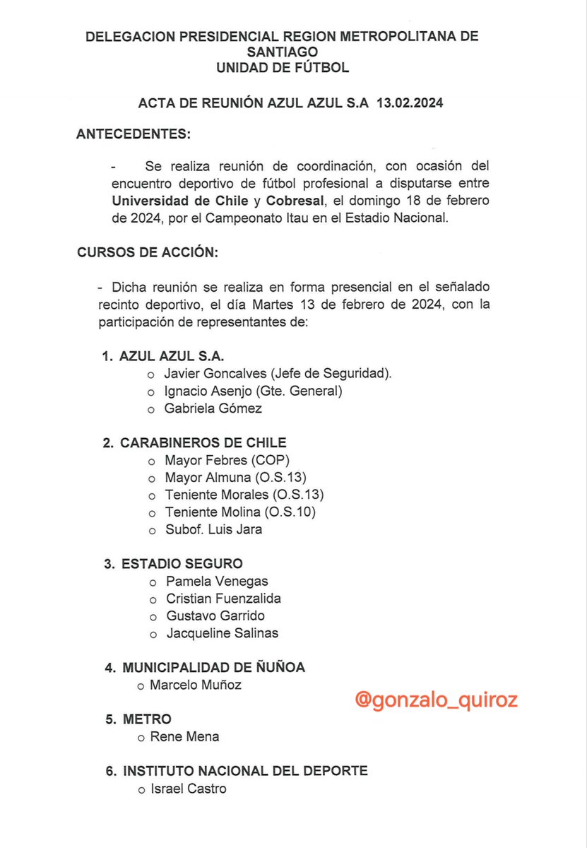 gonzalo_quiroz's tweet photo. Aquí el acta de la reunión entre Azul Azul y las autoridades, correspondiente al día martes en el Estadio Nacional. @ESPNChile https://t.co/onrjDalN2Q