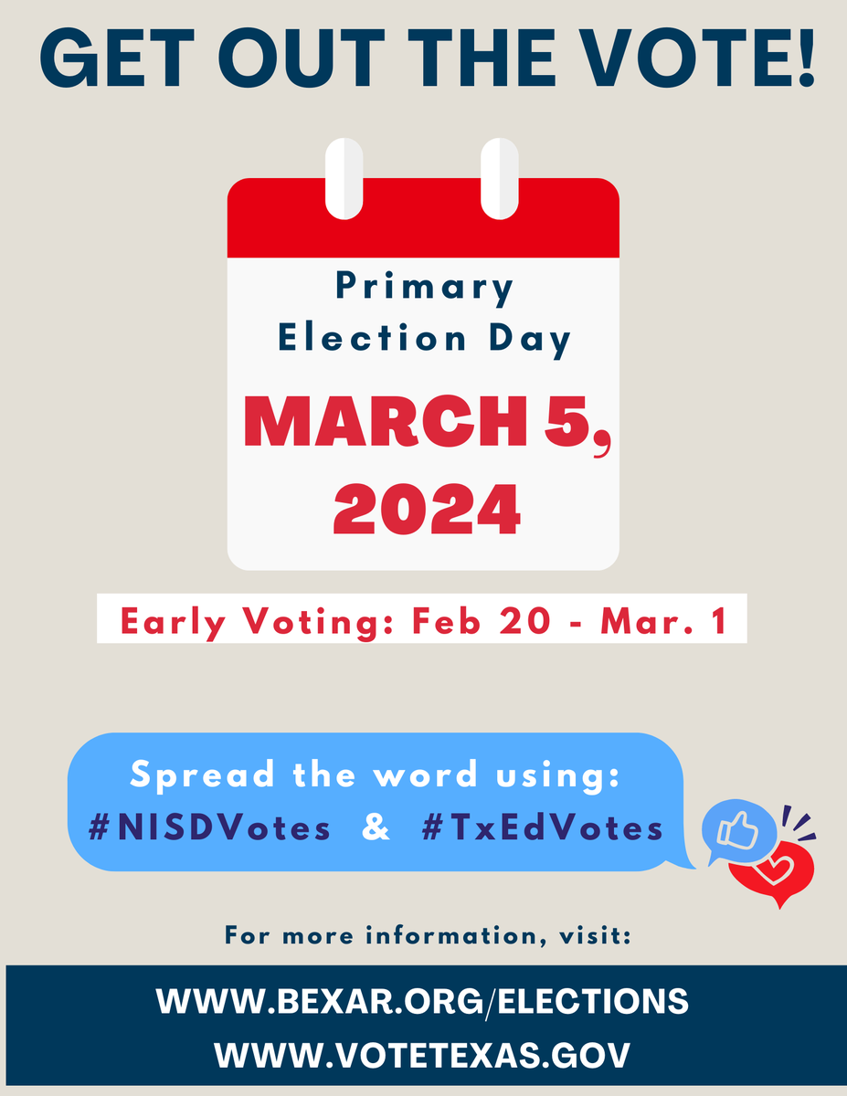 nisdnef's tweet photo. Get ready for the first day of early voting on Tuesday, February 20 π³ Visit https://t.co/Zy7CubmjVl for more information on where to find your local polling station and photo ID requirements. #nisdvotes #txedvotes https://t.co/5eCPxvuHsZ