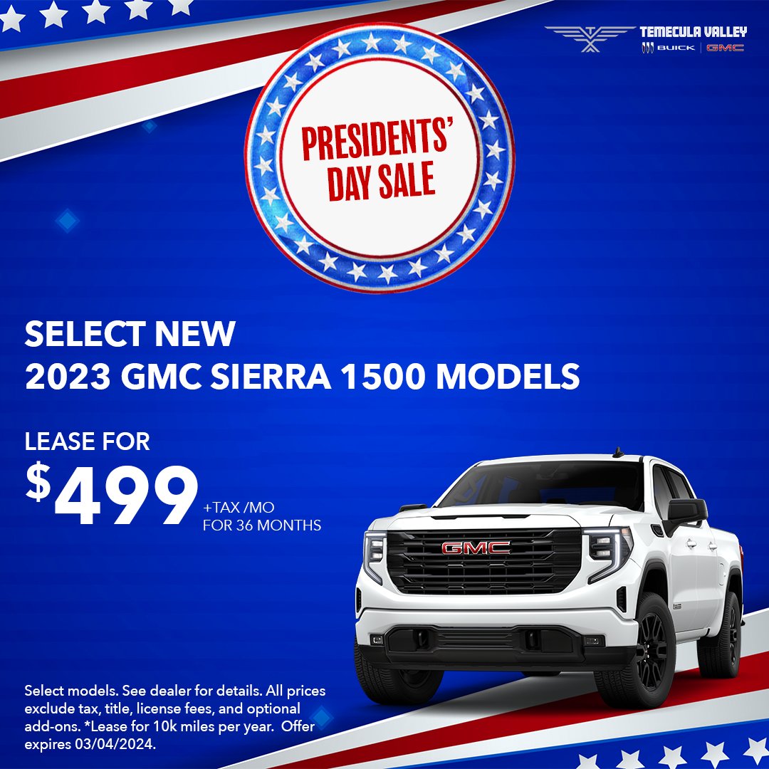 In the market for a new truck? 🛻Take advantage of this special lease deal on select new GMC Sierra 1500 models! Don't miss out on Presidential savings! 🇺🇸🎩

#gmc #gmcsierra #temecula #temeculavalley #presidentsdaysale