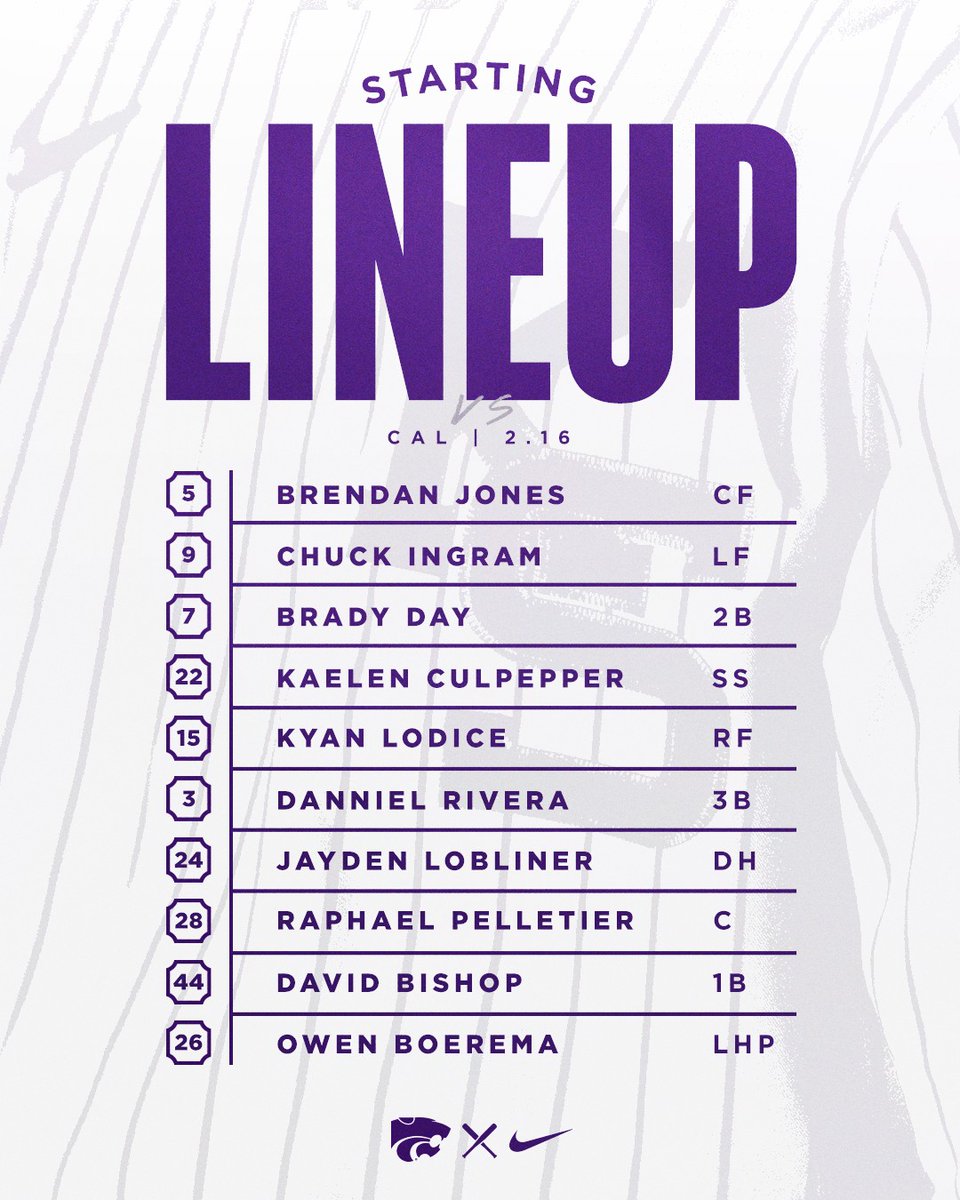 KStateBSB's tweet photo. 𝐆𝐚𝐦𝐞 𝟏 starters

🆚 Cal
⏰ 7 PM CT
🏟️ Salt Rivers Field
📊 https://t.co/NZUEk65qfv
📺 MLB Network
📻 https://t.co/z1fZoFovcB

#KStateBSB https://t.co/ucFkq1FNnX