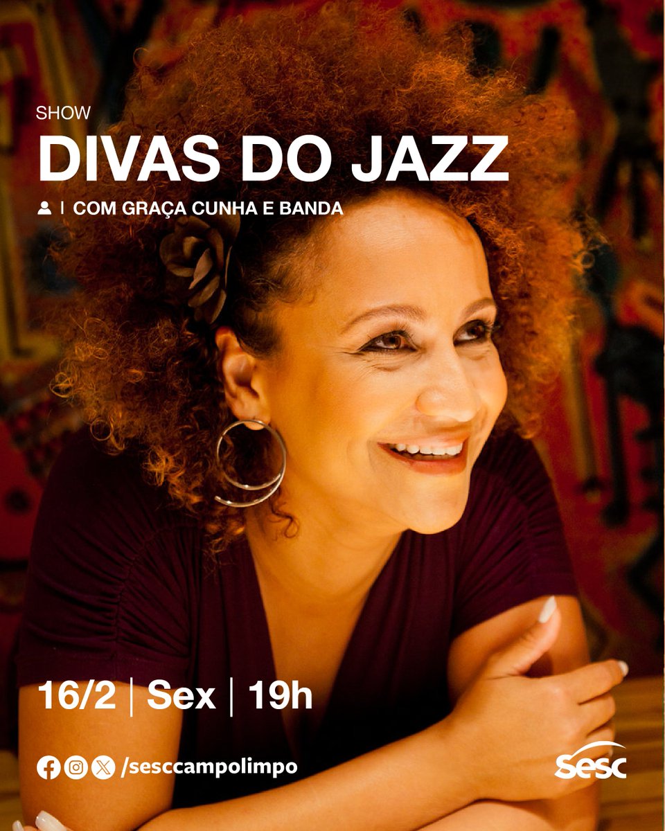 Hoje (16/2 19h) tem os sucessos das Divas do Jazz na voz de @gracacunhaoficial.

📌 Divas do Jazz
Com Graça Cunha e banda
🗓 16/02 • Sexta • 19h
🆓  Livre | Grátis | Sem retirada de Ingressos

#sesccampolimpo #sescsp #show #divasdojazz