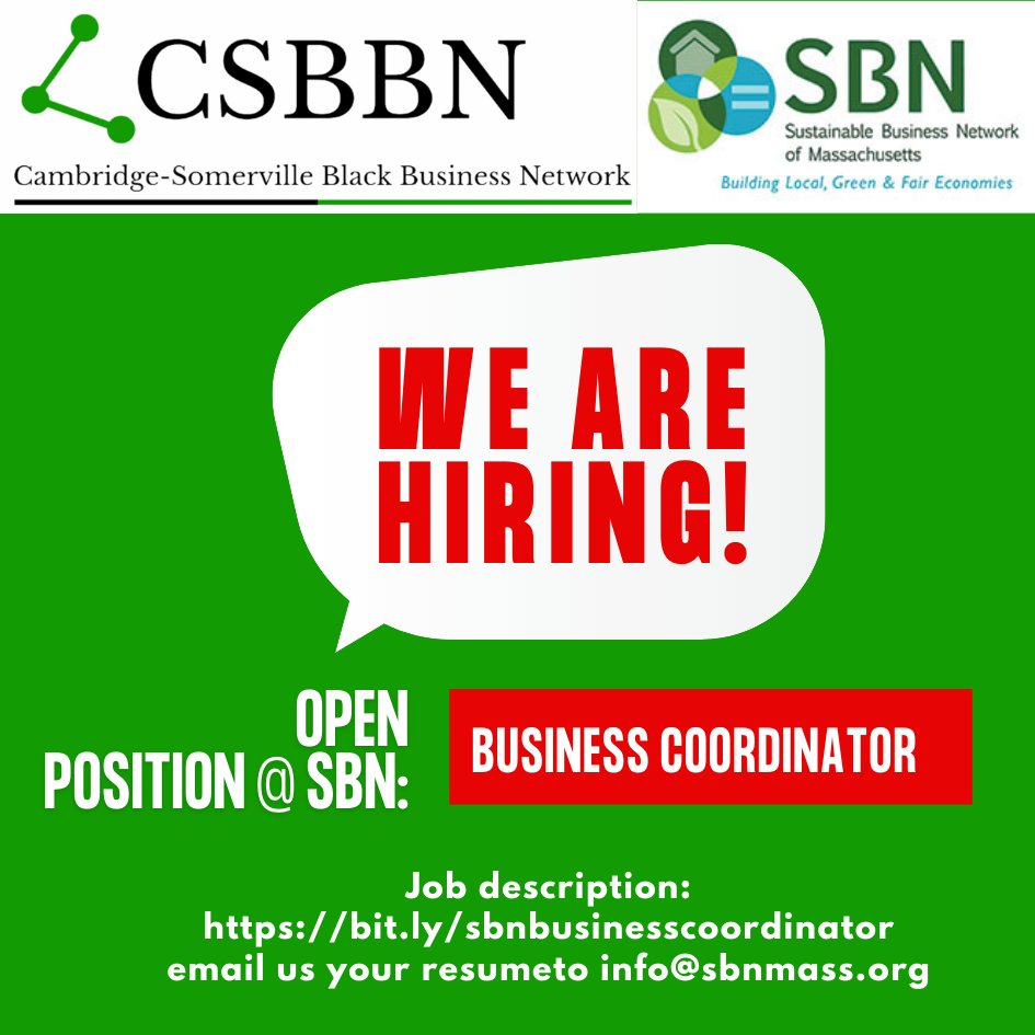 Greetings. Please spread the word!  Our friends at @sbnmass is hiring a BIPOC Business Coordinator to work closely with the Cambridge-Somerville Black Business Network. For a job description and details,  see image. 
Thanks!