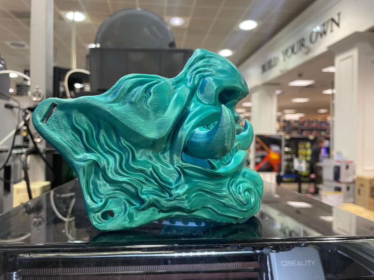 The Official SuprDlux Samurai Oni Mask was printed by our 3D Associate at the Yonkers, NY Micro Center store. Printed with Inland Dual Silk Blue-Green Filament STL Designed by SuprDlux and is available from @thingiverse #inlandfilament #creality #samurai #onimask #oni #yokai