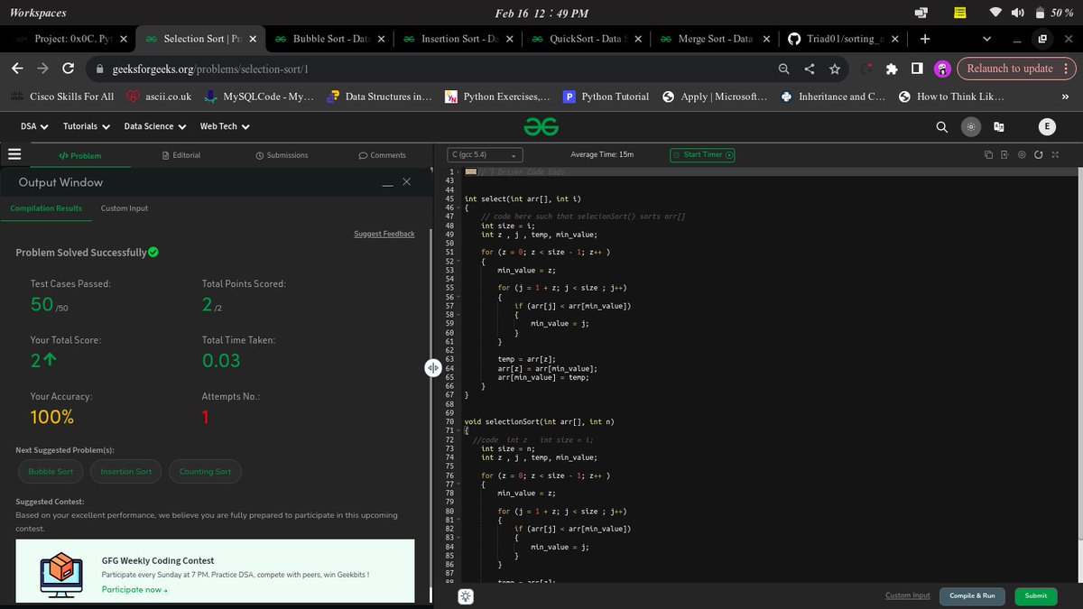 ossigma11's tweet image. Day 11:  learnt insertions sort and bubble sort....@geeksforgeeks implemented it in python and c programming 
Learnt the time complexity and space complexity, the upper bound and bound 
#100DaysOfCode #100daysofcodechallenge #100daysofpractice