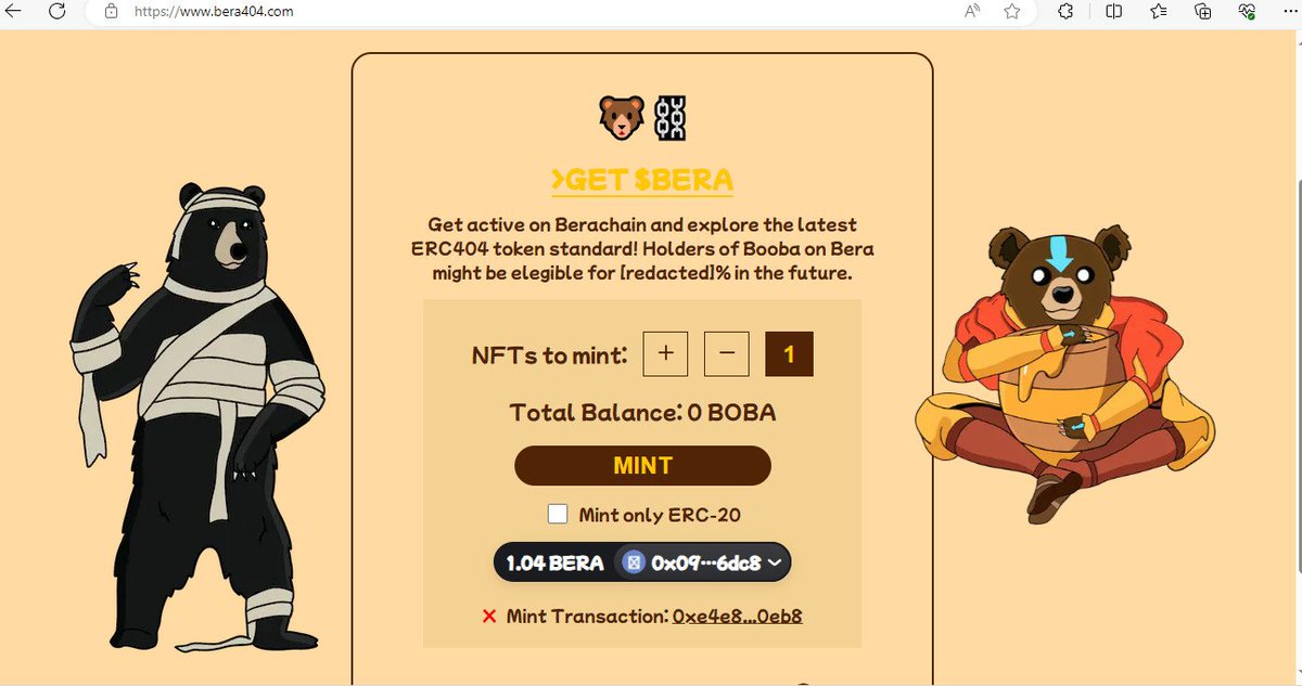UPDATE DỰ ÁN #BERACHAIN
1. Tiếp tục mint NFT
bera404.com
Còn mấy NFT đã mint các đợt trước anh em chưa mint vào mint lại xem còn được không nhé
faucet.0xhoneyjar.xyz/lny
faucet.0xhoneyjar.xyz/valentines
faucet.0xhoneyjar.xyz/mint
2. Tiếp tục làm Quest trên trang mint NFT