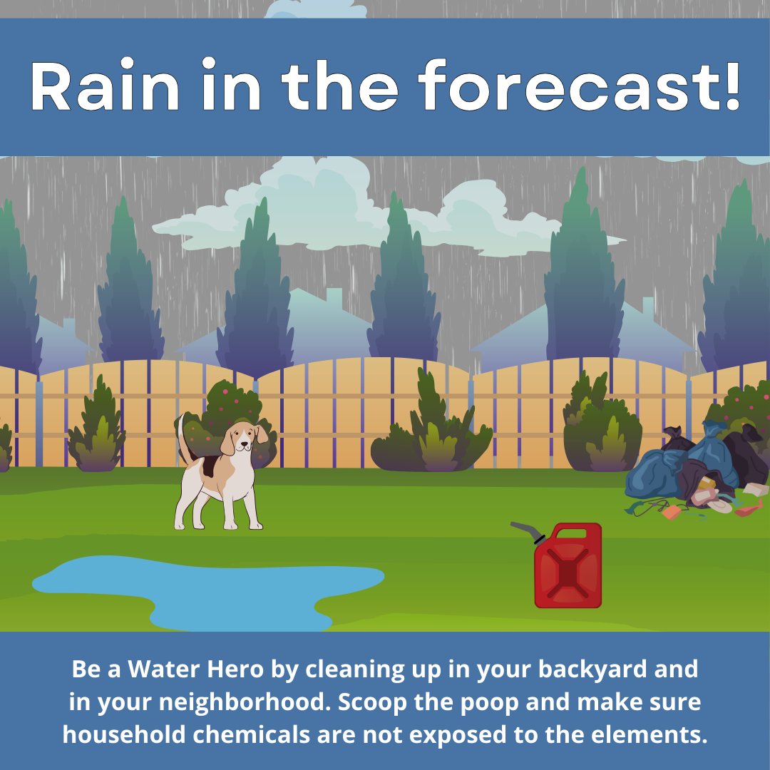 Rainy days ahead! 🌧️ A gentle reminder to scoop up your pup's poop and securely store those household chemicals. These simple actions can reduce pollution and keep harmful bacteria out of our waterways. 💧 #scoopthepoop #stormwater