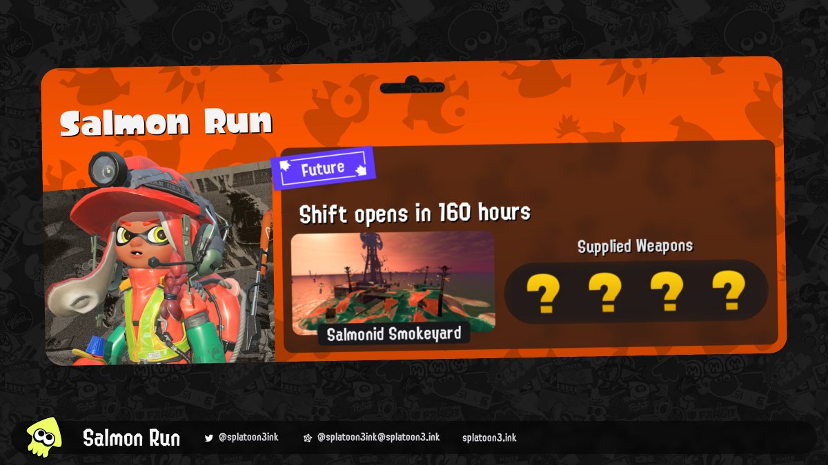 Splatoon3ink's tweet photo. A Salmon Run shift with MYSTERY WEAPONS on Salmonid Smokeyard has been added to the schedule! #salmonrun #splatoon3

This shift will start in 7 days with these weapons:
– Random
– Random
– Random
– Random https://t.co/pWeOKj8GA8