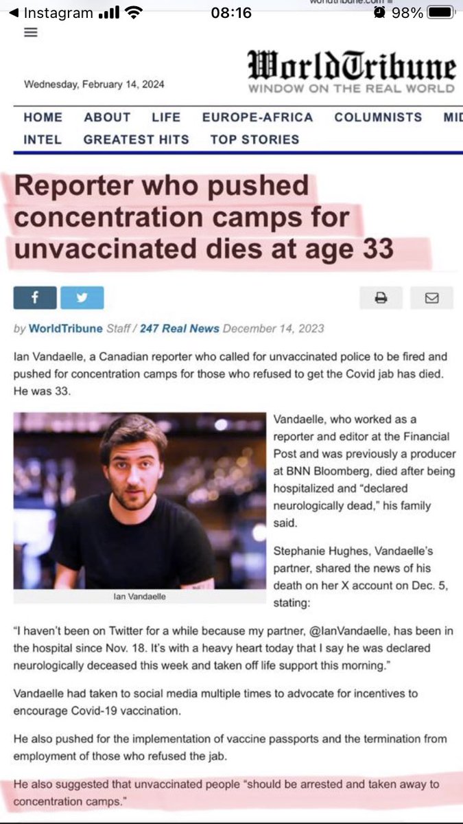 📸世界论坛报：🇨🇦加拿大记者兰·范达尔（lan Vandaelle）去世，他呼吁解雇未接种疫苗的警察，并推动将那些拒绝接种新冠疫苗的人建立集中营。他去世时33岁。

👹…他对自己的言行付出了应有的代价。

#中共 #CCP #美国 #拜登 #习近平 #新冠疫苗 #covid19 #NFSC #英国钢琴家K博士 #Tiktok  #mrnavaccines