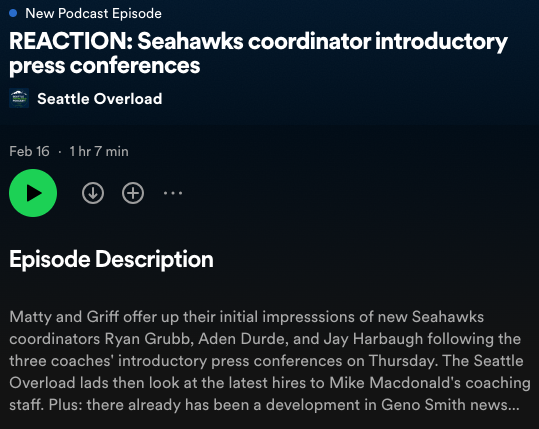 seattleoverload's tweet image. Overloaders! We've dealt with some really annoying technical issues trying to get our most recent shows up on podcast platforms, but we're pleased to announce that we think we've found a fix and yesterday's show is now available! #Seahawks