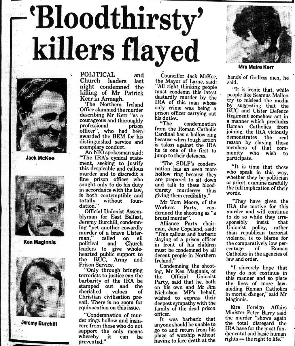 OnThisDayPIRA's tweet photo. #OnThisDay in 1985 the IRA murdered Patrick Kerr, 37, married father of 3. Catholic off duty prison warder shot on his birthday leaving Mass at Armagh Chapel. His young children cried "Daddy, daddy don`t die" #OTD
https://t.co/utJs99T6PX https://t.co/pJT4r2Tyfw