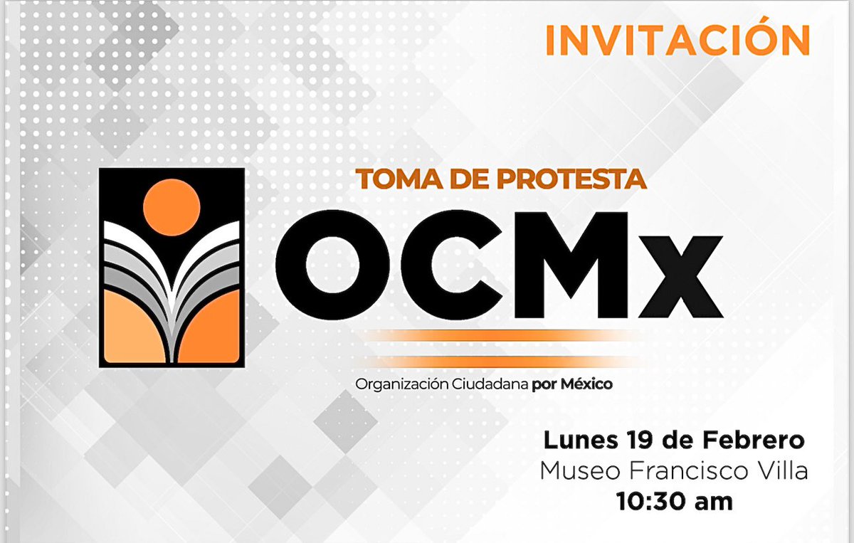 jccorral_solis's tweet photo. ¡Amigos y amigas! Nos complace invitarles a la toma de protesta del Comité Estatal de la Agrupación Política Estatal #OCMx. Que será una plataforma política ciudadana de participación, diálogo, propuesta y unidad en #Durango.
#ParticipaciónCiudadana
#Laguna
#Politica
#México https://t.co/3zmon7WU0X