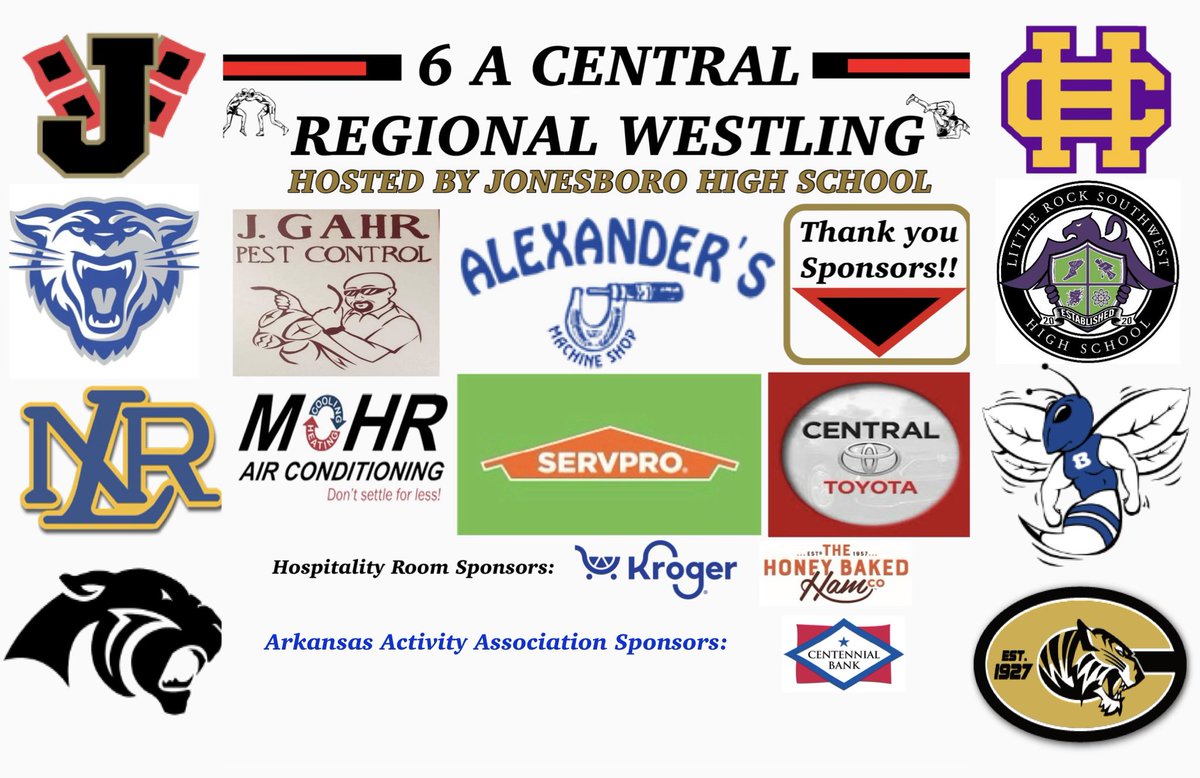 Tomorrow we host Regionals! 

6A Central Wrestling at our brand new venue! 
(Jonesboro High School Activity Gymnasium) 

Doors open at 9am. First match is at 10am. 

Tickets: gofan.co/app/school/AAA (eTickets Only) 

AAA Passes Only

BIG Thank You to all of our Sponsors! 

#OTR