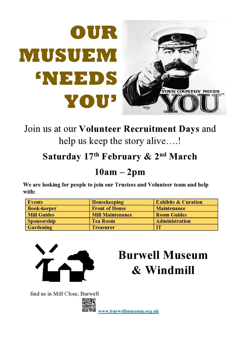 VOLUNTEER RECRUITMENT OPEN DAY. We would love to meet any one who feels they would like to become involved and give some time, energy and expertise to help our village museum and mill have fresh ideas and contributions. burwellmuseum.org.uk/events/volunte…