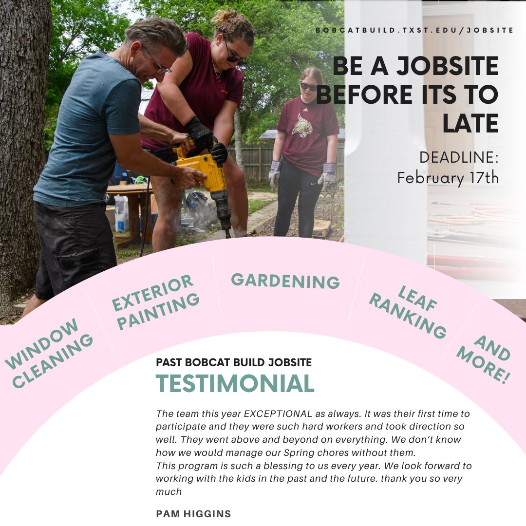 BobcatBuild's tweet image. tomorrow is the last day to register! 
bobcatbuild.txst.edu/jobsites.html