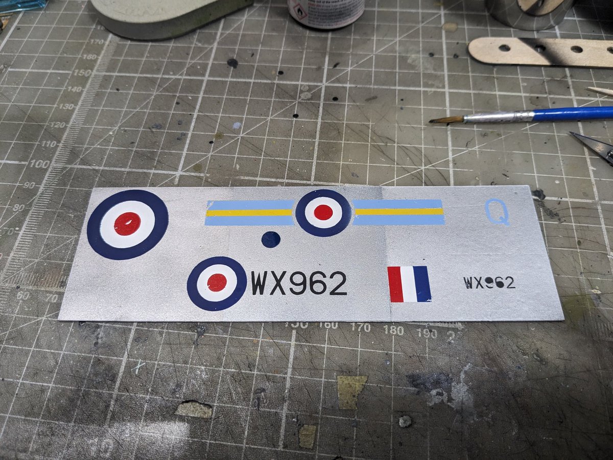 slowmademodels's tweet photo. Not perfect as I tried to do everything in one sitting. I think when I spray the markings on the Meteor I will gloss with every colour, just to protect the finish. The colour lifted where I had to pick at the mask to remove it with a scalpel. #JFFJET https://t.co/MBIzLkwshE