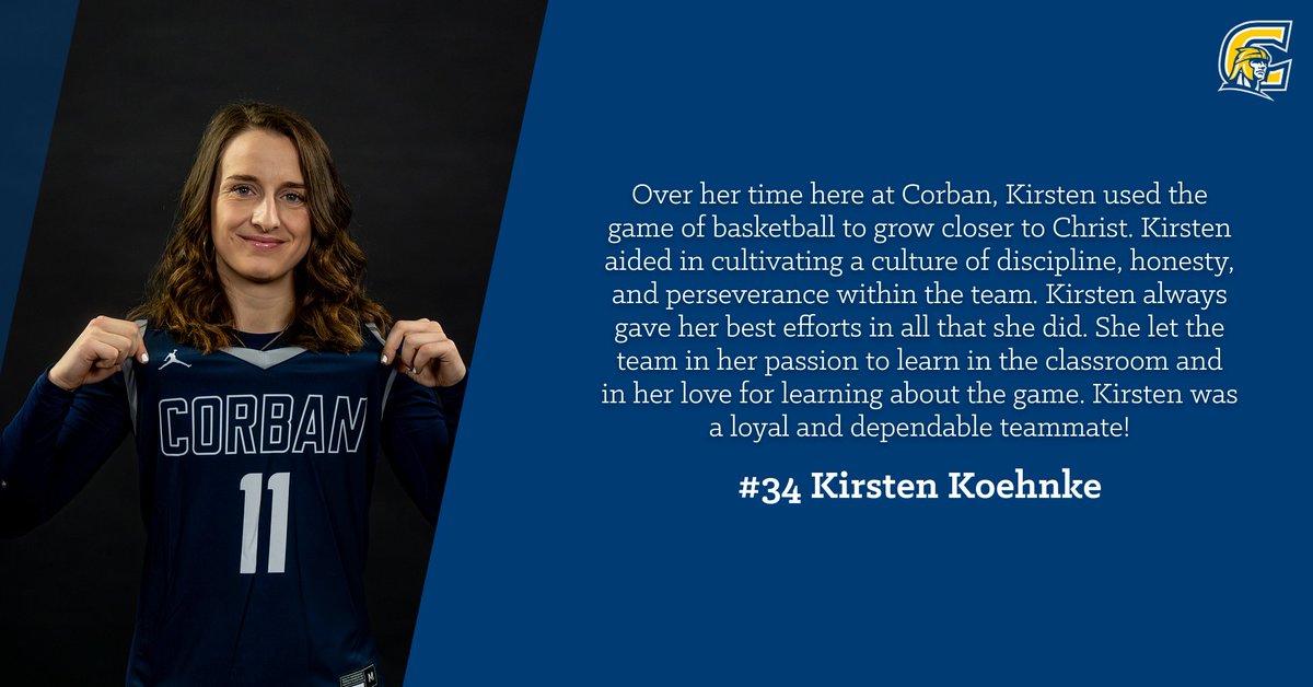 Join us at 3:00pm as we honor our seniors for Senior Night in our game vs OIT.  Our next senior is Kirsten Koehnke, a Masters in Counseling student from Sublimity, OR.  #WeAreCorban 🏀