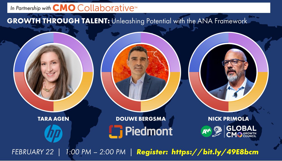 ANA Global CMO Growth Council (@anacmomasters) on Twitter photo Growth Through Talent: Unleashing Potential with the ANA Talent Framework
🗓️ Thursday, Feb. 22
📷 1:00 - 2:00 PM EST
Register: bit.ly/49E8bcm
Featuring <a href="/Nickprimo/">nick primo</a> <a href="/douwebergsma571/">Douwebergsma</a> <a href="/taraagenhp/">Tara Agen</a> in partnership with the CMO Collaborative
#CMOInsights #MarketingLeadership Growth Through Talent: Unleashing Potential with the ANA Talent Framework
🗓️ Thursday, Feb. 22
📷 1:00 - 2:00 PM EST
Register: bit.ly/49E8bcm
Featuring <a href="/Nickprimo/">nick primo</a> <a href="/douwebergsma571/">Douwebergsma</a> <a href="/taraagenhp/">Tara Agen</a> in partnership with the CMO Collaborative
#CMOInsights #MarketingLeadership